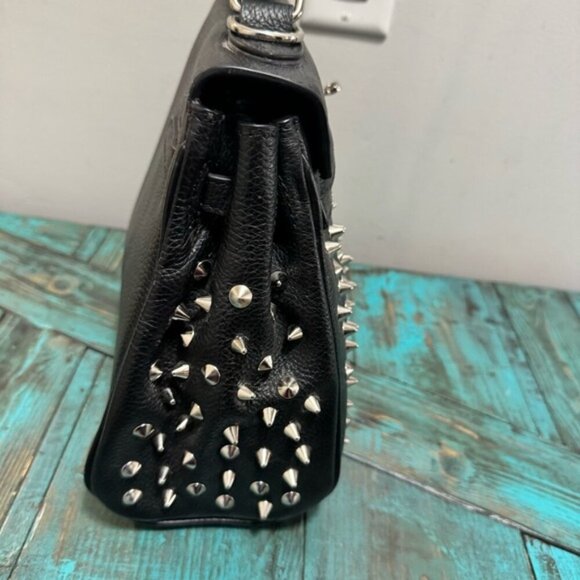 Melrose Glam Birken Style Black Leather Handbag Silver Stud Embellishments - Picture 9 of 16